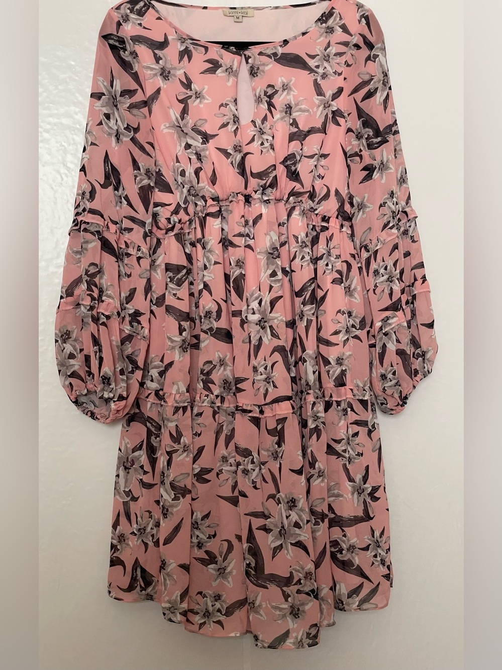 Kimi+Kai Floral Pink Tiered Long-Sleeve Maternity Dress